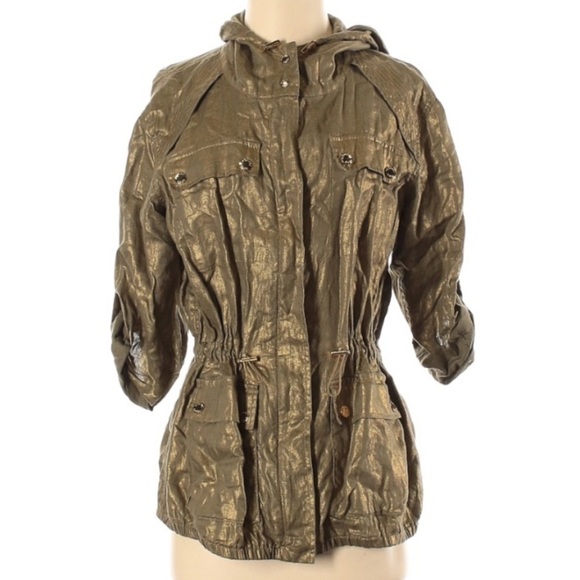 Michael Kors Metallic Green Gold Hood Cargo Jacket oversized XS women’s - Picture 1 of 10